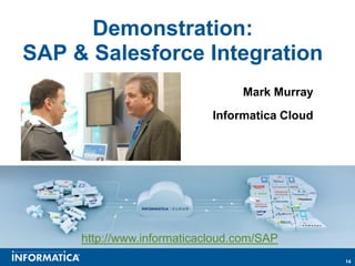 Demonstration:
SAP & Salesforce Integration
                                 Mark Murray
                            Informatica Cloud




     http://www.informaticacloud.com/SAP
                                                14
 