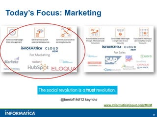 Today’s Focus: Marketing




             @benioff #df12 keynote
                                      www.InformaticaCloud.com/MDM


                                                                     17
 