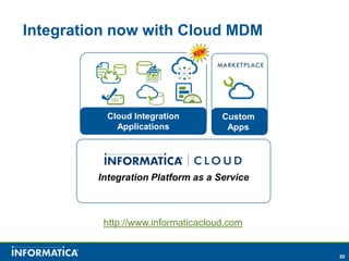 Integration now with Cloud MDM




          Cloud Integration         Custom
            Applications             Apps




         Integration Platform as a Service



          http://www.informaticacloud.com


                                             20
 