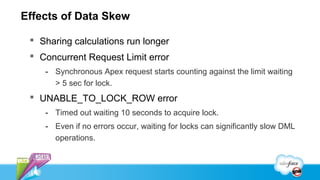 Effects of Data Skew

  Sharing calculations run longer
  Concurrent Request Limit error
    - Synchronous Apex request starts counting against the limit waiting
      > 5 sec for lock.
  UNABLE_TO_LOCK_ROW error
    - Timed out waiting 10 seconds to acquire lock.
    - Even if no errors occur, waiting for locks can significantly slow DML
      operations.
 