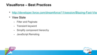 Visualforce – Best Practices

  http://developer.force.com/dreamforce/11/session/Blazing-Fast-Visu
  View State
    - Filter and Paginate
    - Transient keyword
    - Simplify component hierarchy
    - JavaScript Remoting
 
