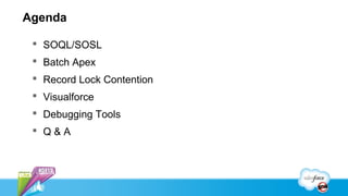 Agenda

  SOQL/SOSL
  Batch Apex
  Record Lock Contention
  Visualforce
  Debugging Tools
  Q&A
 