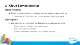 2 - Cloud Service Mashup
Issue to Solve:
▪ Enforce communication between various independent services
• Salesforce API, Shopping.com, Google Analytics, D&B credit check

Description:
▪ Act either as an end-point for Salesforce or external services
• Gather data and requests from multiple actors
• Ensure process orchestration
• Act as a middleware converting Data between services

 