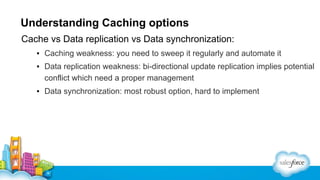 Understanding Caching options
Cache vs Data replication vs Data synchronization:
▪ Caching weakness: you need to sweep it regularly and automate it
▪ Data replication weakness: bi-directional update replication implies potential
conflict which need a proper management
▪ Data synchronization: most robust option, hard to implement

 