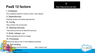 PaaS 12 factors
I. Codebase
One codebase tracked in revision control, many deploys

II. Dependencies
Explicitly declare and isolate dependencies

III. Config
Store config in the environment

IV. Backing Services
Treat backing services as attached resources

V. Build, release, run
Strictly separate build and run stages

VI. Processes
Execute the app as one or more stateless processes

VII. Port binding
Export services via port binding

VIII. Concurrency

http://12factor.net/

 