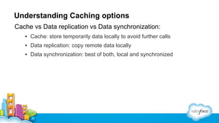 Understanding Caching options
Cache vs Data replication vs Data synchronization:
▪ Cache: store temporarily data locally to avoid further calls
▪ Data replication: copy remote data locally
▪ Data synchronization: best of both, local and synchronized

 