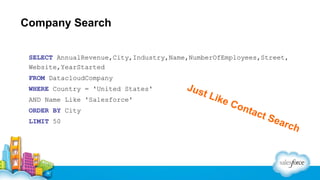 Company Search
SELECT AnnualRevenue,City,Industry,Name,NumberOfEmployees,Street,
Website,YearStarted
FROM DatacloudCompany
WHERE Country = 'United States'
AND Name Like 'Salesforce'
ORDER BY City
LIMIT 50

Jus

t Li

ke C

ont
a

ct S

ear

ch

 