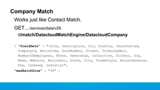 Company Match
Works just like Contact Match.
GET…/services/data/v29.
0/match/DatacloudMatchEngine/DatacloudCompany
{ "fieldSets" : "[Site, Description, Sic, Country, YearStarted,
CompanyId, NaicsCode, DunsNumber, Street, TickerSymbol,
NumberOfEmployees, Phone, Ownership, IsInactive, SicDesc, Zip,
Name, Website, NaicsDesc, State, City, TradeStyle, AnnualRevenue,
Fax, IsOwned, Industry]",
"maxBatchSize" : "30" }

 
