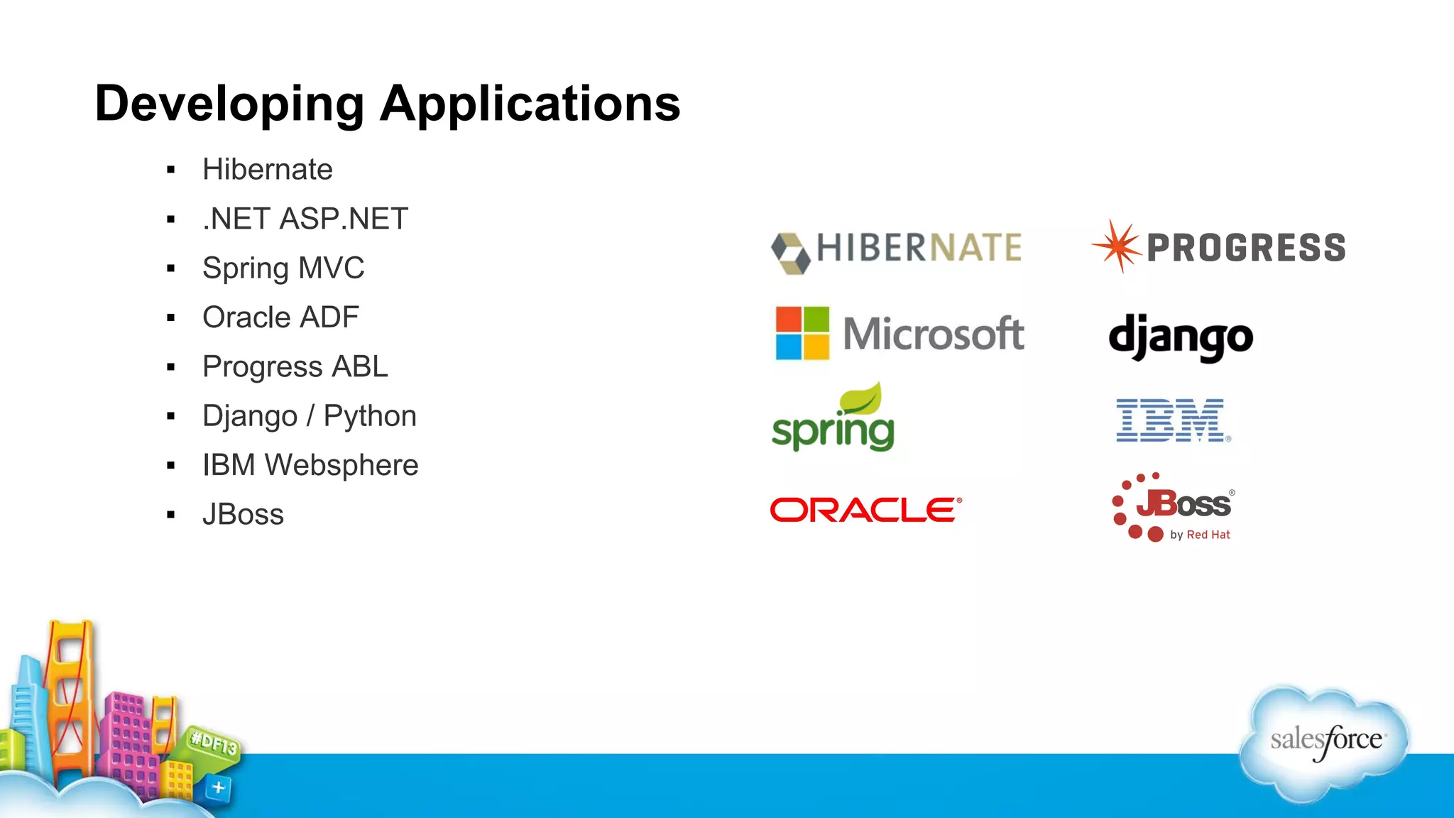 Developing Applications
▪ Hibernate
▪ .NET ASP.NET
▪ Spring MVC
▪ Oracle ADF
▪ Progress ABL
▪ Django / Python
▪ IBM Websphere
▪ JBoss

 