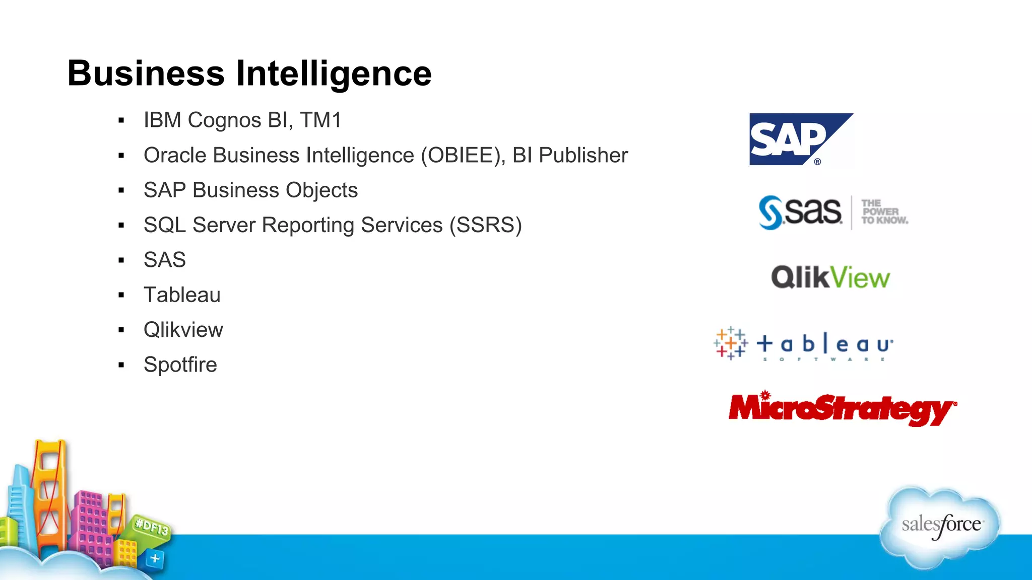 Business Intelligence
▪ IBM Cognos BI, TM1
▪ Oracle Business Intelligence (OBIEE), BI Publisher
▪ SAP Business Objects
▪ SQL Server Reporting Services (SSRS)
▪ SAS
▪ Tableau
▪ Qlikview
▪ Spotfire

 