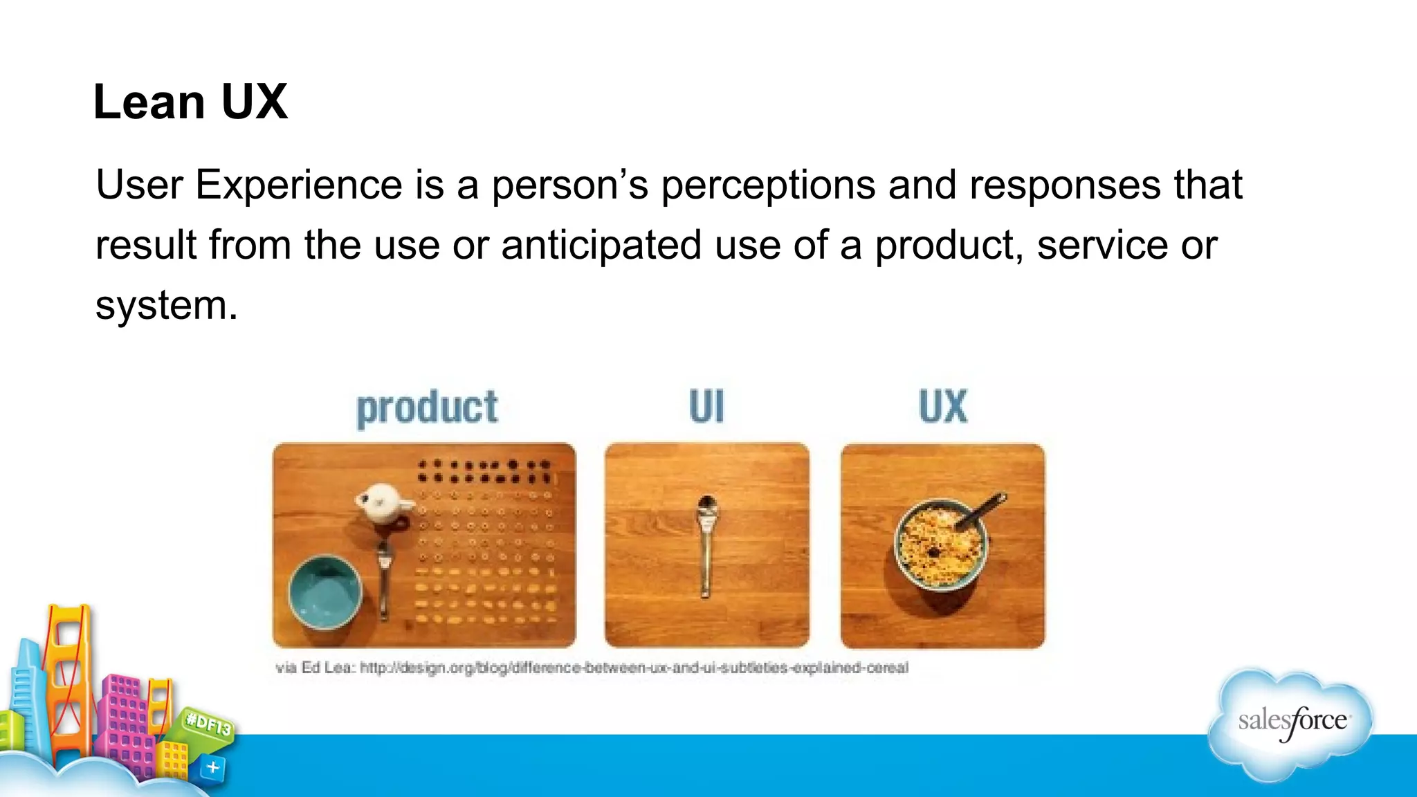 Lean UX
User Experience is a person’s perceptions and responses that
result from the use or anticipated use of a product, service or
system.

 