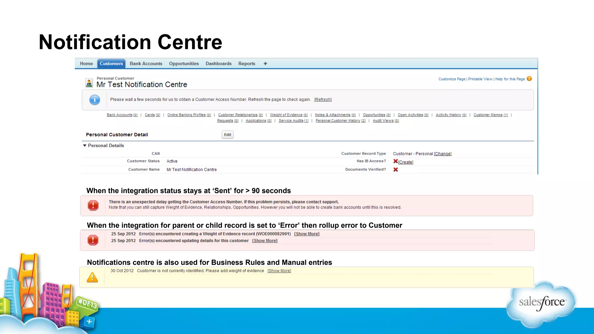 Notification Centre

When the integration status stays at ‘Sent’ for > 90 seconds

When the integration for parent or child record is set to ‘Error’ then rollup error to Customer

Notifications centre is also used for Business Rules and Manual entries

 