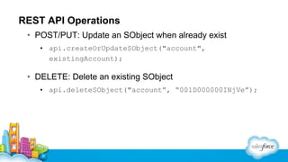 REST API Operations
• POST/PUT: Update an SObject when already exist
• api.createOrUpdateSObject("account",
existingAccoun...