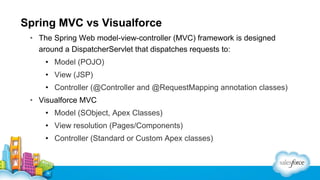 Spring MVC vs Visualforce
• The Spring Web model-view-controller (MVC) framework is designed
around a DispatcherServlet th...