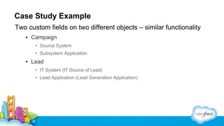 Case Study Example
Two custom fields on two different objects – similar functionality
▪ Campaign
• Source System
• Subsyst...