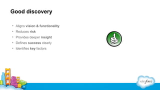 Good discovery
• Aligns vision & functionality
• Reduces risk
• Provides deeper insight
• Defines success clearly
• Identifies key factors

 