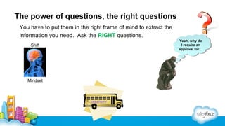 The power of questions, the right questions
You have to put them in the right frame of mind to extract the
information you need. Ask the RIGHT questions.
Shift

Mindset

Yeah, why do
Yeah, why do
I Irequire an
require an
approval for…
approval for…

 