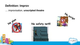 Definition: Improv
… improvisation, unscripted theatre

o
N

an
pl

No safety net!!!

No
sc
rip

t

 