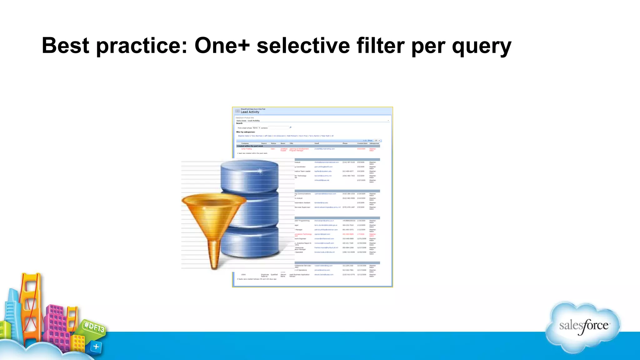 Best practice: One+ selective filter per query

 