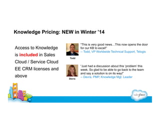 Knowledge Pricing: NEW in Winter ’14
“This is very good news…This now opens the door
for our KB to excel!”
-- Todd, VP Worldwide Technical Support, Telogis

Access to Knowledge
is included in Sales
Cloud / Service Cloud

Todd

EE CRM licenses and
above

Devra

“Just had a discussion about this ‘problem’ this
week. So glad to be able to go back to the team
and say a solution is on its way!”
-- Devra, PMP, Knowledge Mgt. Leader

 