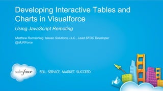 Developing Interactive Tables and
Charts in Visualforce
Using JavaScript Remoting
Matthew Rumschlag, Nexeo Solutions, LLC., Lead SFDC Developer
@MJRForce

 