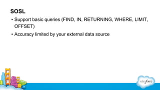 SOSL
▪ Support basic queries (FIND, IN, RETURNING, WHERE, LIMIT,
OFFSET)
▪ Accuracy limited by your external data source

 
