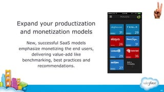 Expand your productization
and monetization models
New, successful SaaS models
emphasize monetizing the end users,
deliver...