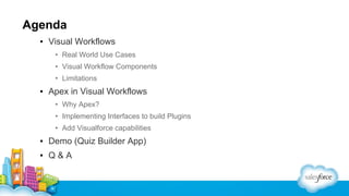 Agenda
▪ Visual Workflows
• Real World Use Cases
• Visual Workflow Components
• Limitations

▪ Apex in Visual Workflows
• Why Apex?
• Implementing Interfaces to build Plugins
• Add Visualforce capabilities

▪ Demo (Quiz Builder App)
▪ Q&A

 