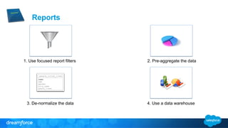 Reports 
1. Use focused report filters 2. Pre-aggregate the data 
3. De-normalize the data 4. Use a data warehouse 
 