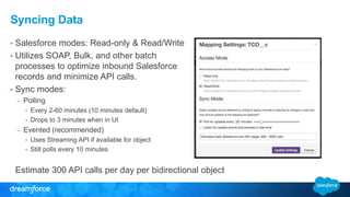 Syncing Data 
• Salesforce modes: Read-only & Read/Write 
• Utilizes SOAP, Bulk, and other batch 
processes to optimize inbound Salesforce 
records and minimize API calls. 
• Sync modes: 
– Polling 
• Every 2-60 minutes (10 minutes default) 
• Drops to 3 minutes when in UI 
– Evented (recommended) 
• Uses Streaming API if available for object 
• Still polls every 10 minutes 
Estimate 300 API calls per day per bidirectional object 
 