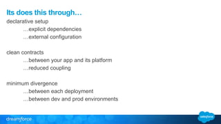 Its does this through… 
declarative setup 
…explicit dependencies 
…external configuration 
! 
clean contracts 
…between your app and its platform 
…reduced coupling 
! 
minimum divergence 
…between each deployment 
…between dev and prod environments 
 