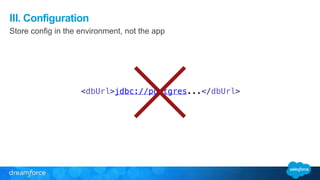 III. Configuration 
Store config in the environment, not the app 
! 
<dbUrl>jdbc://postgres...</dbUrl> 
 
