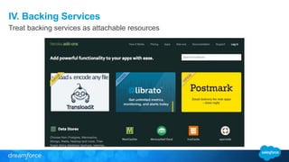 IV. Backing Services 
Treat backing services as attachable resources 
 