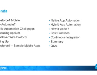 • Native App Automation 
• Hybrid App Automation 
• How it works? 
• Best Practices 
• Continuous Integration 
• Summary 
...
