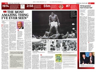 special featurespecial featureC6 C7
FIGHTING FACTS
The Rumble
Gulf News | Thursday, October 30, 2014 | gulfnews.comgulfnews.com | Thursday, October 30, 2014 | Gulf News
the most
amazing thing
I’ve ever seen”
foreman recalls how ‘durable’ Ali shocked him 40 years ago today
Abu Dhabi
F
orty years on from the
‘Rumble in the Jungle’,
and there remains a
nagging and profound
feeling of disbelief for
George Foreman that he lost
his iconic world heavyweight
boxing encounter with
Muhammad Ali.
Foreman was the most fear-
some heavyweight boxer of the
era — the then 25-year-old’s
sledgehammer-like punches
expected to add a 41st victim
in a 32-year-old Ali to his un-
beaten record, embellished by
an impressive 37 knockouts.
Yet the irrepressible Ali con-
founded the odds — he was re-
garded by some bookmakers to
be a 40-1 outsider to win as he
was a declining force — to re-
cord a stunning eighth-round
stoppage over the then reigning
champion in Kinshasa, Zaire
(now Democratic Republic of
the Congo).
Ahead of the 40th anniver-
sary of the fight today, Fore-
man told Gulf News in an exclu-
sive telephone interview: “I’ve
watched the [2001] movie Ali
and [the 1997 Oscar-winning
film documentary] When We
Were Kings, and I keep think-
ing I’m gonna win this time
[laughs]. And the strange thing
is I always lose.”
Memories of the historic fight
— it was the first time a major
sporting event had been held in
Africa — and the kaleidoscope
of emotions it provokes never
fade for Foreman.
“Sometimes it seems such a
long time ago and then all of a
sudden one night, all the mem-
ories flood again as though it
was yesterday,” the 65-year-
old said, exhilaration and pride
propelling his Texan drawl.
Awestruck
“There’s sadness and disap-
pointment at losing, but then I
think about how close Muham-
mad Ali and his children and I
are. And how Muhammad Ali
and I have become so close over
the years, and I feel such joy be-
cause it [the fight] bound us.”
It’s been labelled arguably
one of the greatest sporting
events of the 20th century, a
David and Goliath-esque tri-
umph for the underdog in Ali
against his younger and strong-
er opponent in Foreman.
But the ‘Rumble in the Jun-
gle’ was also a seminal occa-
sion that transcended sport;
here were two black Ameri-
cans fighting in Africa, which
came at the height of the Black
Power movement in the United
States.
Summing up the fight’s sig-
nificance, Foreman said: “I
overpowered Ali in the first few
rounds, but for some reason he
stayed the course. He survived
and he was able to get a victory
and it was all based on his skill
and experience. It’s just some-
thing you won’t see a lot.”
“It was a preview for many of
the world events and cups go-
ing on now,” added Foreman.
“The world did not exist until
that fight.”
Foreman recalls unalloyed
happiness from the people of
Africa, awestruck by the pros-
pect of two sporting superstars
gracing their continent.
While many fans voiced their
appreciation for the revered Ali,
shouting “Ali, boma ye!” (Ali,
kill him!), Foreman insists they
afforded him equal respect.
“The people in Africa could
not believe that such a world
event was taking place in their
country,” he said. “They treat-
ed us so fine and took good care
of me.”
It’s a surprise to learn from
Foreman that the two fighters
did not actually meet to publi-
cise the fight and only saw each
other as they entered the ring.
Without national television
in Africa, Foreman therefore
did not hear Ali employing his
famed mind games by char-
acterising his opponent as The
Mummy, a slow and lumber-
ing lump of a man, with no tal-
ent apart from his prodigious
punching power.
Setbacks
Foreman had suffered set-
backs in training — a cut to the
eye during sparring forcing the
postponement of the fight from
September 25 to October 30 —
and a suspicion that his water
had been doped somehow.
Yet he remained the over-
whelming favourite to beat
Ali due to his size, power and
dominance of the heavyweight
division.
Both men were 6ft 3ins, but
Foreman was the more heav-
ily muscled of the two, and the
reigning world heavyweight
champion.
The 1968 Olympic gold med-
allist was considered invinci-
ble, having annihilated the only
two men to have beaten Ali, Joe
Frazier and Ken Norton, both
inside two rounds.
As the legendary Scottish
sports writer, Hugh McIlvan-
ney, noted at the time: “There
seems only one way to beat
George Foreman: Shell him for
three days and then send the
infantry in.”
But just how powerful was
Foreman in his eyes?
Could he have beaten Mike
Tyson, widely considered to
have been the most savage
puncher ever in the heavy-
weight division, at their re-
spective peaks?
“I was as hard a puncher and
I was bigger [than him],” Fore-
man replies emphatically. “At
my peak and his peak, nah, he
couldn’t have withstood me
then. I was wild and fast.”
He was therefore brimming
with confidence ahead of his
showdown with Ali, saying: “I
figuredthatifIdidn’tknockhim
out in the second round, it was
because I’d knocked him out in
the first round. My only thought
was I’m going to knock him out
no matter which round.”
Yet Foreman’s animalis-
tic lust for a thunderous finish
were to prove his undoing, as
his relentless barrage of punch-
es and stalking of the elusive Ali
crucially sapped his energy.
He said: “About the end of
the third round, I started los-
ing all of my energy, and that
was the scary thing, because
I didn’t know how to run, nor
was I willing to back up or cov-
er up.
“And I had to keep fighting,
although I didn’t have any en-
ergy.”
Years later, regrets continue
to gnaw at Foreman’s mind as
he questions why he did not al-
ter his tactics.
He said: “I think: ‘Why didn’t
you just box?’ Use the pivot and
let him come to get you’. And it
always comes back to my mind
every three years: ’Why didn’t
you such and such? Why didn’t
you such and such?’”.
Nevertheless, despite be-
ing forever dogged by self-re-
proach, Foreman acknowledg-
es that the “genius” of Ali had
helped engineer his downfall.
Ali’s brilliance
He said: “Part of the charm
and brilliance and the genius of
Ali was to make you keep com-
ing. His genius made me con-
tinue to swing although I was
burnt out.” Ali’s preternatural
durability also astonished Fore-
man, who says his opponent
refused to buckle, despite “tak-
ing some of the best shots I’d
ever landed on anyone”.
“That’s the most amazing
thing I’ve ever seen in my life,”
said Foreman. “The only time I
didn’t knock someone out was
because I didn’t catch them with
a shot. I’ve never encountered
that will in a human being.”
Employing his famed ‘rope-
a-dope’ tactics — whereby he
would soak up Foreman’s pres-
sure and take a breather on the
ropes as the younger man tired
— was not the only wily machi-
nation Ali had up his sleeve.
Foreman recalled: “One time
I hit him really hard in the side.
And he held me and said: ‘Is
that all you got George?’. I can
remember it just like it was
yesterday. “That was frighten-
ing. I hurt him and I knew he
was hurting. But yet he contin-
ued to say things.”
By Euan Reedie
Chief Sports Writer
— Abu Dhabi
Abu Dhabi
G
eorge Foreman was
quoted in 1984 as saying
he “loved” Muhammad
Ali after becoming a Christian
minister following his boxing
retirement in 1977 (he made a
comeback 10 years later).
But in 1974, he was left a bit-
ter and broken man at the loss
of his title to Ali and the failure
to secure a rematch.
How does he explain such a
stunning transformation from
simmering hatred to hero wor-
ship, after seeking to pulverise
Ali in the ‘Rumble in the Jungle’?
Foreman, who has become
a successful entrepreneur with
a grill that has sold more than
100 million units, told Gulf
News: “I’d become a minister
and I had nothing but memo-
ries. The first time I remember
meeting Muhammad Ali, my
heart was beating fast. And he
came up as if he knew me and
said: ‘Hey George’. It made me
so happy. I’d not met anyone
else in my life who was that ex-
citing.”
But what was the key to Ali’s
singular greatness? Foreman
finds it hard to quantify it, yet
plucks an anecdote from his
endless reservoir of epiphanies
to eulogise Ali’s magnetic aura.
He said: “I was just turning
professional, I’d had a couple of
pro fights and I was in a hotel in
California. I’d invited two girls
to have dinner with me in the
hotel. One of them I was really
trying to impress. When I told
her I was a boxer, she was excit-
ed by that. She said: ‘I saw Mu-
hammad Ali. He was scream-
ing: ‘I’m pretty!’. ‘Look at me,
I’m beautiful!’. And she said:
‘Let me tell you he was beau-
tiful in his T-shirt and jeans’.
And I got offended. I thought:
‘Why is she sitting at the table
with me telling me something
like that?’.”
He continued: “About two
years later, I was in New York
City and there was a crowd
coming down to my hotel. Mu-
hammad Ali had just got his
[boxing] licence back from the
Supreme Court and they were
following him down and he saw
me and he started shadow box-
ing. ‘That’s George Foreman!
That’s George Foreman!’.
“Then I realised what that girl
meant. She wasn’t trying to put
me down. He was beautiful. It
wasn’t just something you feel
on the outside. I got mad be-
cause I thought she was trying
to say I wasn’t a handsome boy.
“But she wasn’t talking like
that. She was saying he was
beautiful. And how would I de-
scribe him? Simply beautiful.
He is the greatest man I’ve ever
met.”
Fighting spirit
But Foreman said his most
abidingrecollectionofAli—one
that epitomises his irresistible
charm and alluring arrogance
— will remain a trademark put-
down as they were walking into
the ring for ‘The Rumble in the
Jungle’ fight.
Ali looked at Foreman and
said: “George, you were just a
little boy in junior high when
I was fighting Sonny Liston for
the championship of the world
[in 1964]. You can’t get in the
ring with me.”
Ali’s unquenchable fighting
spirit had brutal consequences,
though, having been debili-
tated by the degenerative dis-
order of the brain, Parkinson’s
disease, since 1984.
Yet, despite such a devas-
tating decline — he can barely
speak and needs assistance to
walk — Foreman insists Ali’s
‘beauty’ remains radiant and
everlasting. He said: “Every
picture I see of him, he still
looks beautiful. He made Par-
kinson’s beautiful. I remem-
ber him sitting with him at the
Academy Awards [in 1997] and
his hand was trembling. And
I looked at him and thought:
‘This boy is still beautiful’.
Foreman last saw his neme-
sis-turned-idol two years ago at
Ali’s 70th birthday party — but
calls him from time to time.
He said: “His daughter will go
and visit him and wait until he
feels better and put him on the
phone just to say a little word.
Sometimesallhecansayis‘Hey’.
And that’s enough for me.”
‘Ali the greatest
man I’ve ever met’
Foreman says his 1974
conqueror remains
‘simply beautiful’,
despite effects of
Parkinson’s disease
By Euan Reedie
Chief Sports Writer
— Abu Dhabi
Ali might have wounded
him with a killer taunt, but his
punches did not hurt him, Fore-
man insisted. Yet in the eighth
round, Ali’s blurring hand speed
brought the fight to a sudden
and unexpected conclusion.
“He never hurt me, that’s
why I continued following him
around,” said Foreman. “Then
I missed him and turned away
from the ropes and then he pro-
duced a one-two combination
and the quickest right hand I’ve
ever seen. It was so fast. Pow!
And it knocked me down and
I tried to catch my balance be-
cause it wasn’t that hard.”
The referee, Zach Clay-
ton, would stop the fight with
two seconds remaining of the
round, despite Foreman getting
up at the count of nine.
A shattered Foreman did not
fight again for 15 months as he
recovered psychologically from
having his aura of invincibil-
ity obliterated by Ali’s grievous
blow. The mental scars remain
for Foreman, who insists he
could have won every round of
the fight if he had boxed more
cleverly.
“I could have won the fight
by points but I wanted to knock
him out,” he said. “And I regret
it, having that kind of attitude
way back when I was young. I
didn’t want to win on points, I
wanted a knockout. If it killed
me, I wanted to knock every-
body out.
“I vowed never again would I
go out and try and knock some-
one out in the first or second
round. If they wanted to box for
10 rounds, I’d get them in 10.”
However, even with a dif-
ferent approach, Foreman is
unsure if he would have beat-
en the more experienced and
skilled Ali. He said: “The man
had my number as he could
take the pain and continue. I
think if we’d fought twice, he’d
have beaten me twice.
Today, Foreman hopes to
speak to Ali. “We’re about the
two closest people in boxing alive
today,” he said. “We had a great
boxing match but our friendship
has been even better.”
If he is unable to contact his
old foe, he will stride down a
well-trodden memory lane.
He said: “I’ll probably go to
someone’s house and watch [a
replay of] the boxing match. I’ll
watch it until the eighth round
and then say ‘Let’s cut it off’.”
$5m
‘The Rumble’ signalled the
arrival of Don King as a
formidable promoter. He raised
$5m for each fighter, with
Joseph Mobutu, the
president and brutal dictator
of Zaire, coming up with $3.5m
alone.
2:58
The time in round eight when
referee Zach Clayton stopped
the fight, despite Foreman
getting up at the count of nine,
after Ali had landed a crashing
left hook followed by a solid
right cross that sent him to the
canvas.
1974
The year when the historic boxing
match dubbed the ‘Rumble in the Jungle’
took place in Kinshasa, Zaire (now
Democratic Republic of the Congo).
Muhammad Ali stunned the previously
unbeaten heavyweight champion
George Foreman with an eighth-round
stoppage 40 years ago today.
#7
The UK’s Channel 4
TV listed the fight at No. 7 on
its list of 100 Greatest
Sporting Moments in 2002.
British rower Steve
Redgrave’s record-breaking
fifth Olympic gold medal won
in 2000 topped the list.
TANZANIA
C E N T R A L A . R . S O U T H
S U D A N
C O N G O
DEMOCRATIC
REPUBLIC
OF CONGO
(formerly Zaire)
500 Km
N ANGOLA
ZAMBIA
©Gulf News
Kinshasa
Abu Dhabi
H
is legendary ‘Rumble in the Jungle’ defeat to Muham-
mad Ali in 1974 was not his toughest bout and proved to
be “a fight for my life”, according to George Foreman.
The former world heavyweight champion told Gulf News
that his heroic victory over Ron Lyle had proved more ardu-
ous because his opponent had hit harder than Ali.
Foreman survived two knockdowns in the fourth round
— in his career only Ali and Jimmy Young sent him to the
canvas — to win in the fifth.
“That was not only the toughest fight of my life, it was a
fight for my life,” Foreman said.
“When Ron Lyle hit me, he hit me much harder than Ali
did. He knocked me down and I wanted to stay down and
wait for the count but I thought ‘I’ll die first’.
He added: “I kept getting up and I remember saying: ‘It
would be worse than death to get counted out again’. I kept
getting up and he [Lyle] was not able to deal with that.
“I couldn’t explain what had happened in Africa [in the
Rumble in the Jungle] and I was not going to explain that it
was going to happen in [Las] Vegas. I’d made a pact to die
before being counted out again.”
— E.R.
Foreman says ‘Rumble’ defeat
to Ali was not his hardest fight
❝I figured that if I
didn’t knock [Ali]
out in the second
round, it was be-
cause I’d knocked
him out in the first
round. My only
thought was I’m
going to knock
him out...”
George Foreman
| Former boxer
AFP
Enter the champion
■■ A packed 20th of May Stadium greets George Foreman
on October 19, 1974 — 11 days before his historic fight
with Muhammad Ali.
AFP
Media scrum
■■ Muhammad Ali (centre, right) during his post-fight press
conference after beating George Foreman at the
20th of May Stadium in Kinshasa.
AFP
Maternal support
■■ Muhammad Ali with his mother Odetta Lee Clay during a
training session three days before his ‘Rumble in the Jungle’
encounter with George Foreman.
●
Foreman said his
most abiding rec-
ollection of Ali —
one that epitomises
his irresistible
charm and alluring
arrogance — will
remain a trade-
mark put-down
as they were
walking into
the ring.
Rex Features
Close bond
■■ Muhammad Ali and George Foreman at the Oscar awards
ceremony in 1997, at which When We Were Kings — a film
about their fight — won the Best Documentary Feature.
George Foreman | Former boxer
❝I could have won the fight by points but I wanted
to knock him out. And I regret it, having that kind
of attitude way back when I was young. I didn’t
want to win on points, I wanted a knockout.”
Iconic moment
■■ Muhammad Ali looks
down at George
Foreman after knocking
him down during the
eighth round of the
historic ‘Rumble in the
Jungle’ fight in Kinshasa
on October 30, 1974. The
fight was stopped before
Foreman could recover.
Rex Features
l The ‘Rumble in the Jungle’ pitted unbeaten world heavyweight
champion George Foreman, 25, against Muhammad Ali, 32.
l Foreman was heavily fancied to beat Ali, who had claimed the
world heavyweight title by beating Sonny Liston in 1964.
l The fight was given its title by the legendary promoter Don King.
l It was shown on television at about 450 locations in the
United States and Canada and was seen in roughly 100 countries
worldwide.
lA three-night-long music festival to hype the fight, Zaire ‘74,
took place on September 22—24 featuring performances by James
Brown, B.B. King, Miriam Makeba, The Spinners, Bill Withers, The
Crusaders and Manu Dibango.
l A documentary film about the fight, When We Were Kings, won an
Academy Award for Best Documentary Feature in 1997.
l The biographical movie Ali (2001) depicts this fight as the film’s
climax.
Don King
 