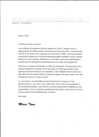 LETTER OF REFERENCE - FROM MARIE TOMS