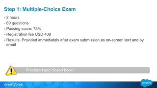 Step 1: Multiple-Choice Exam 
• 2 hours 
• 69 questions 
• Passing score: 73% 
• Registration fee USD 400 
• Results: Provided immediately after exam submission as on-screen text and by 
email 
Proctored and closed book! 
 