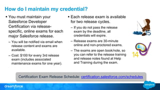 How do I maintain my credential? 
 You must maintain your 
Salesforce Developer 
Certification via release-specific, 
online exams for each 
major Salesforce release. 
– You will be notified via email when 
release content and exams are 
available. 
– Cost: $100 for every 3rd release 
exam (includes associated 
maintenance exams for one year). 
 Each release exam is available 
for two release cycles. 
– If you do not pass the release 
exam by the deadline, all 
credentials will expire. 
– Release exams are 30-minute 
online and non-proctored exams. 
– The exams are open book/note, so 
you can refer to the release training 
and release notes found at Help 
and Training during the exam. 
Certification Exam Release Schedule: certification.salesforce.com/schedules 
