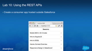 Lab 10: Using the REST APIs 
• Create a consumer app hosted outside Salesforce 
 