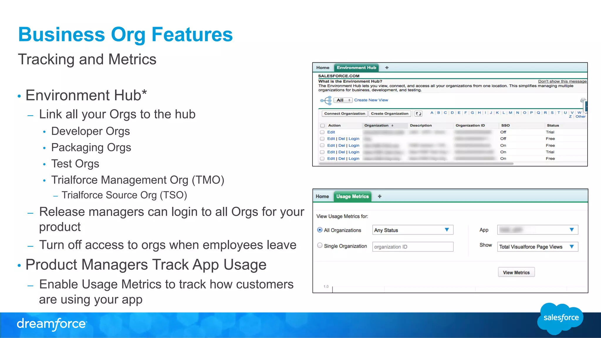 Business Org Features 
Tracking and Metrics 
• Environment Hub* 
– Link all your Orgs to the hub 
• Developer Orgs 
• Packaging Orgs 
• Test Orgs 
• Trialforce Management Org (TMO) 
– Trialforce Source Org (TSO) 
– Release managers can login to all Orgs for your 
product 
– Turn off access to orgs when employees leave 
• Product Managers Track App Usage 
– Enable Usage Metrics to track how customers 
are using your app 
 