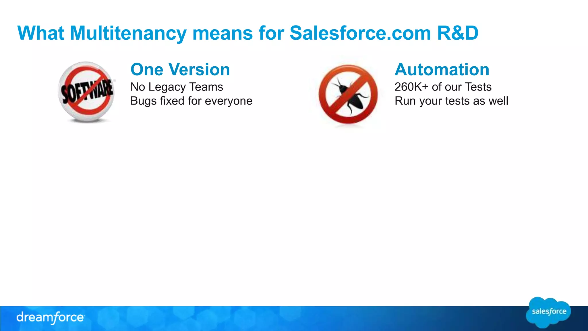 What Multitenancy means for Salesforce.com R&D 
One Version 
No Legacy Teams 
Bugs fixed for everyone 
Automation 
260K+ of our Tests 
Run your tests as well 
 