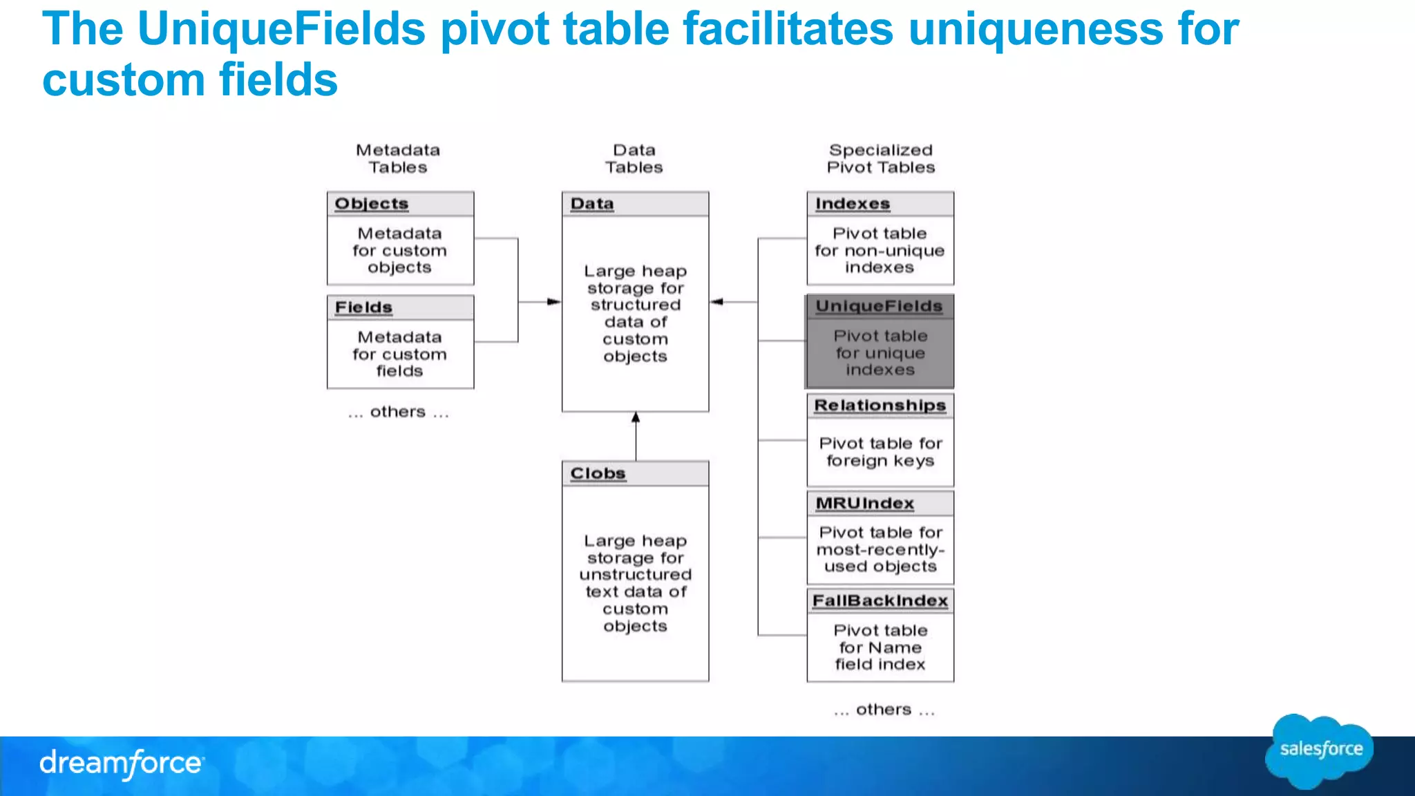 The UniqueFields pivot table facilitates uniqueness for 
custom fields 
 