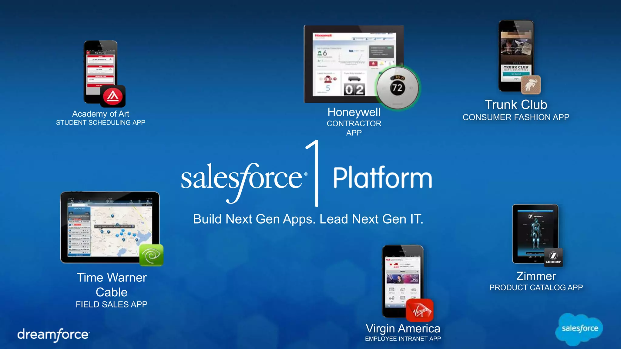 Trunk Club 
CONSUMER FASHION APP Honeywell 
CONTRACTOR 
APP 
Zimmer 
PRODUCT CATALOG APP 
Virgin America 
EMPLOYEE INTRANET APP 
Academy of Art 
STUDENT SCHEDULING APP 
Time Warner 
Cable 
FIELD SALES APP 
Build Next Gen Apps. Lead Next Gen IT. 
 