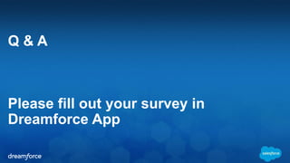 Q & A 
Please fill out your survey in 
Dreamforce App 
 