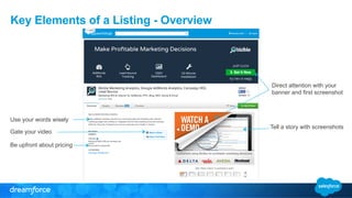 Key Elements of a Listing - Overview
Tell a story with screenshots
Direct attention with your
banner and first screenshot
Gate your video
Use your words wisely
Be upfront about pricing
 
