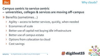Jisc and cloud services
5
» Aggregation, aggregation, aggregation
› National and international scale solutions
› Due dilig...