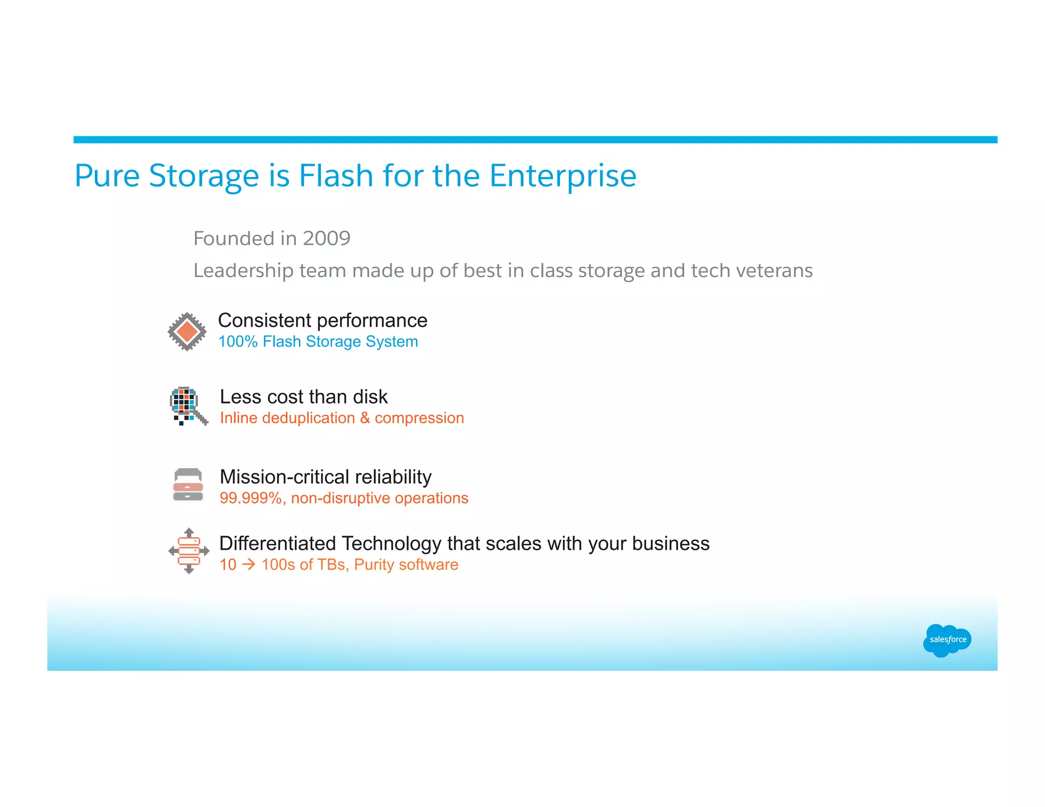 Pure Storage is Flash for the Enterprise
Mission-critical reliability
99.999%, non-disruptive operations
Less cost than disk
Inline deduplication & compression
Consistent performance
100% Flash Storage System
Differentiated Technology that scales with your business
10 à 100s of TBs, Purity software
Founded in 2009
Leadership team made up of best in class storage and tech veterans
 