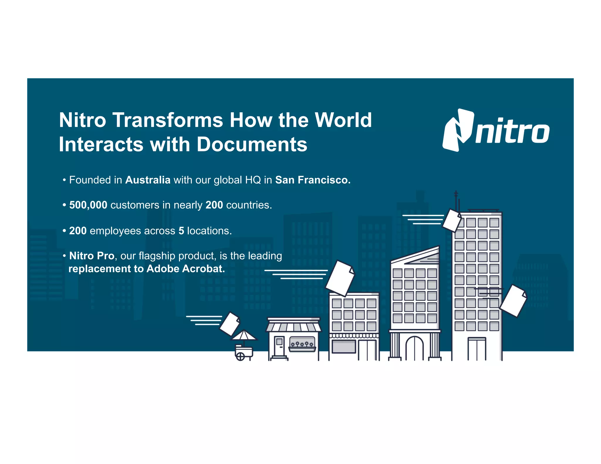 Nitro Transforms How the World
Interacts with Documents
• Founded in Australia with our global HQ in San Francisco.
• 500,000 customers in nearly 200 countries.
• 200 employees across 5 locations.
• Nitro Pro, our flagship product, is the leading
replacement to Adobe Acrobat.
 