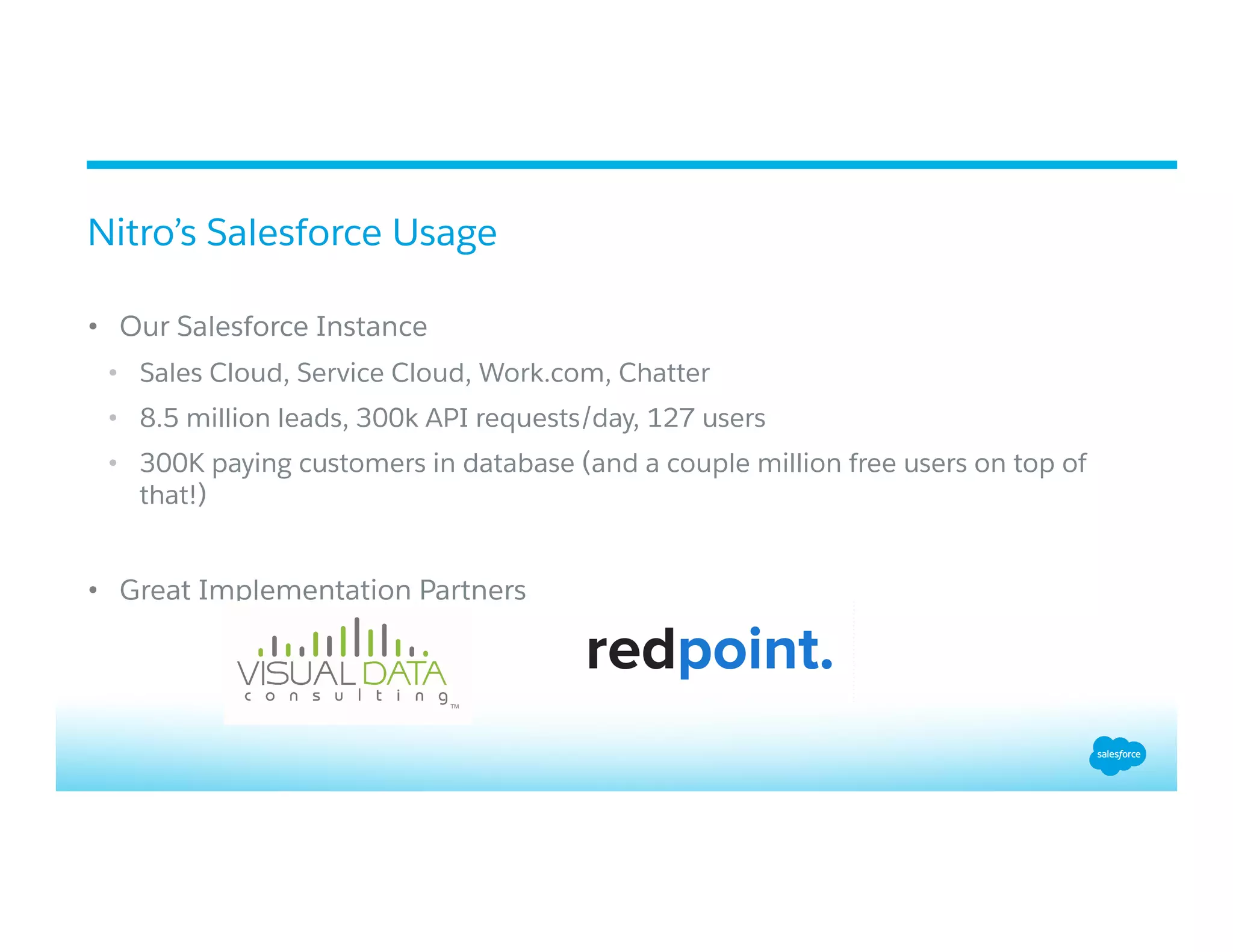 •  Our Salesforce Instance
•  Sales Cloud, Service Cloud, Work.com, Chatter
•  8.5 million leads, 300k API requests/day, 127 users
•  300K paying customers in database (and a couple million free users on top of
that!)
•  Great Implementation Partners
Nitro’s Salesforce Usage
 