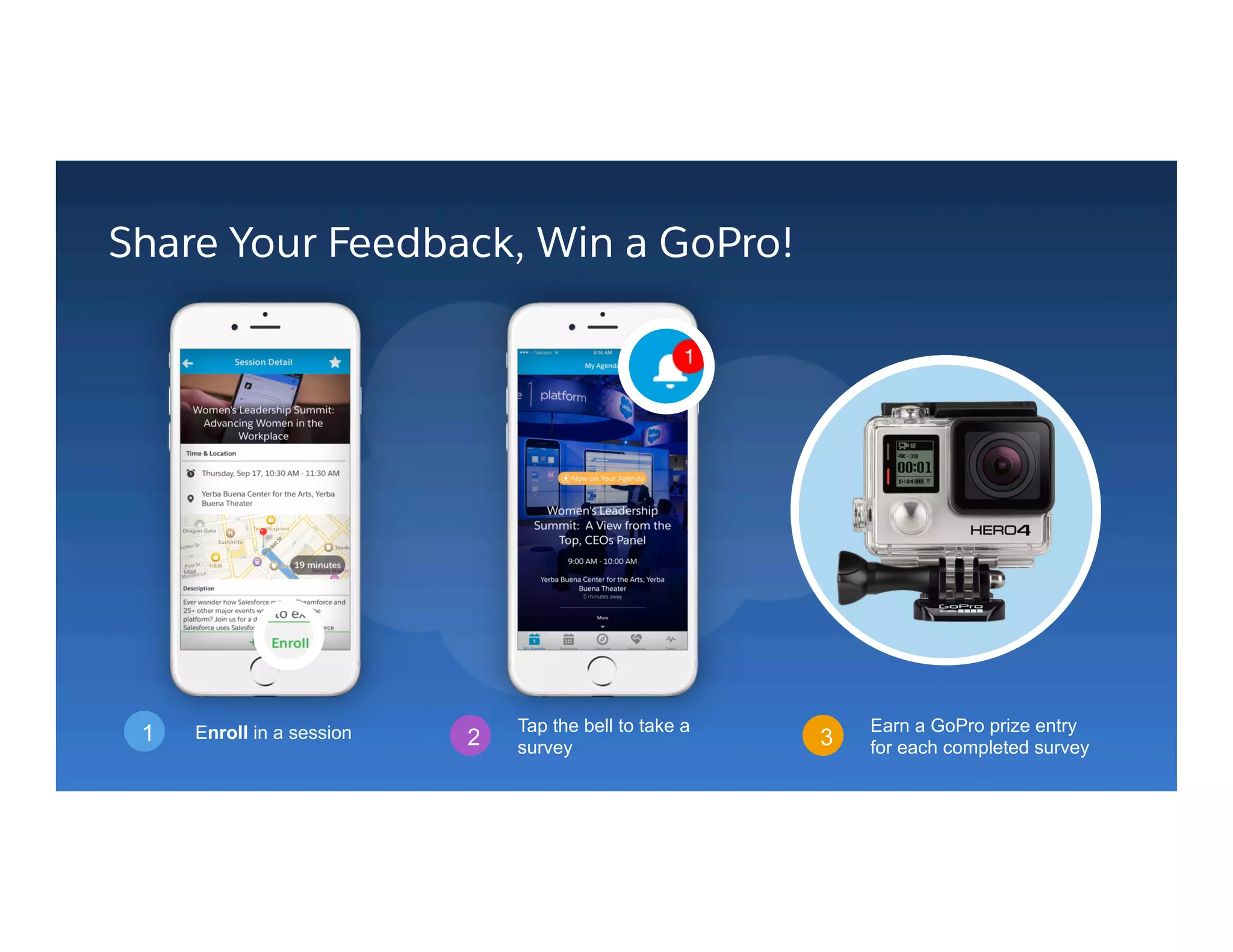 Share Your Feedback, Win a GoPro!
3
Earn a GoPro prize entry
for each completed survey
Tap the bell to take a
survey2Enroll in a session1
 